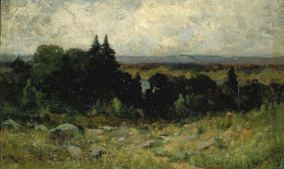 Edward Mitchell Bannister landscape, fields with rocks and trees